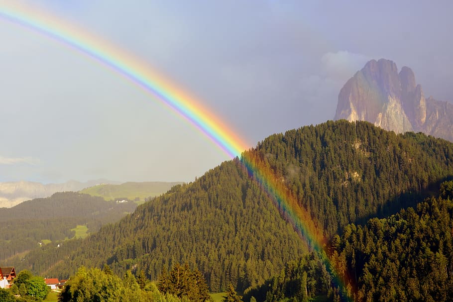 rainbow, dolomites, mountain, forest, sassolungo, sky, scenics - nature