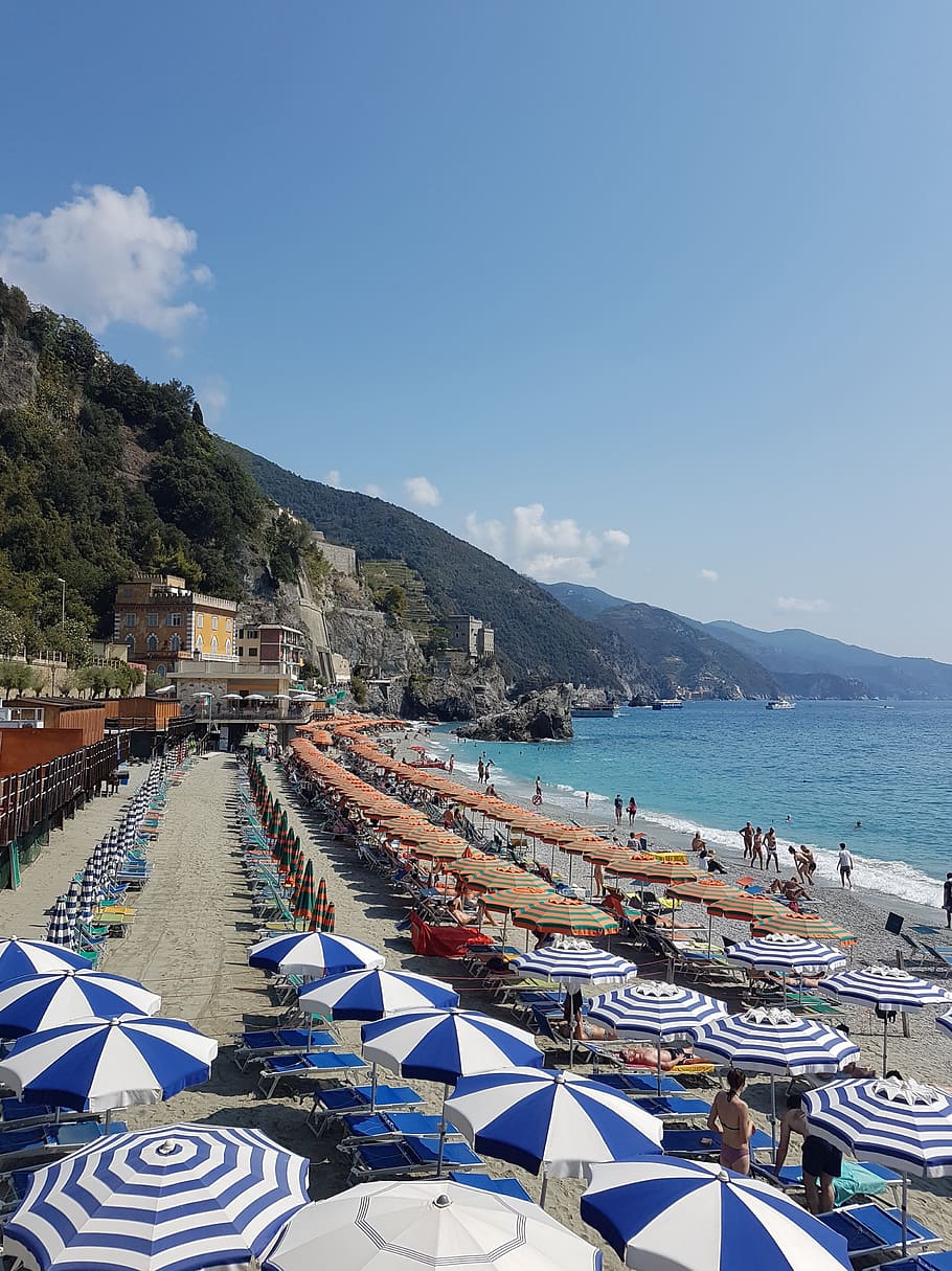 HD wallpaper: beaches, sea, umbrella, colorful, swimming, monterosso