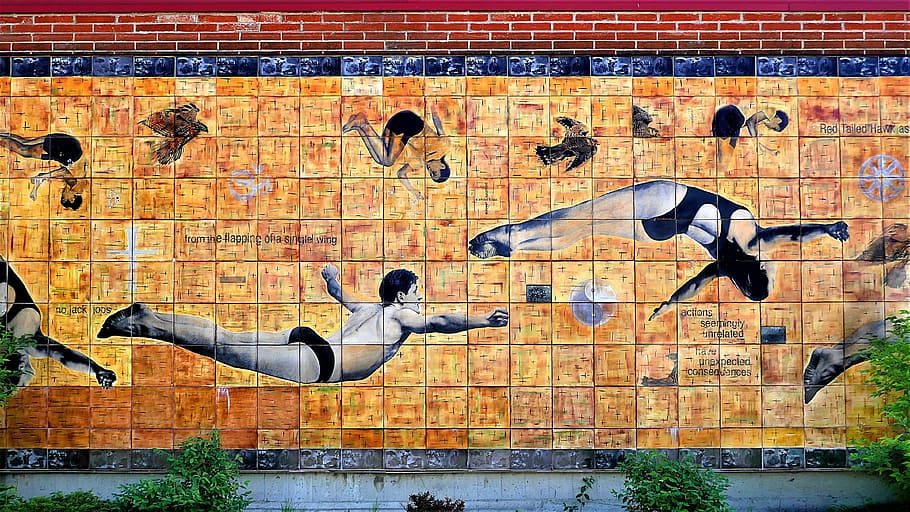 wall, art, ceramic, tile, mural, high dive, soar, fly, wall - building feature HD wallpaper