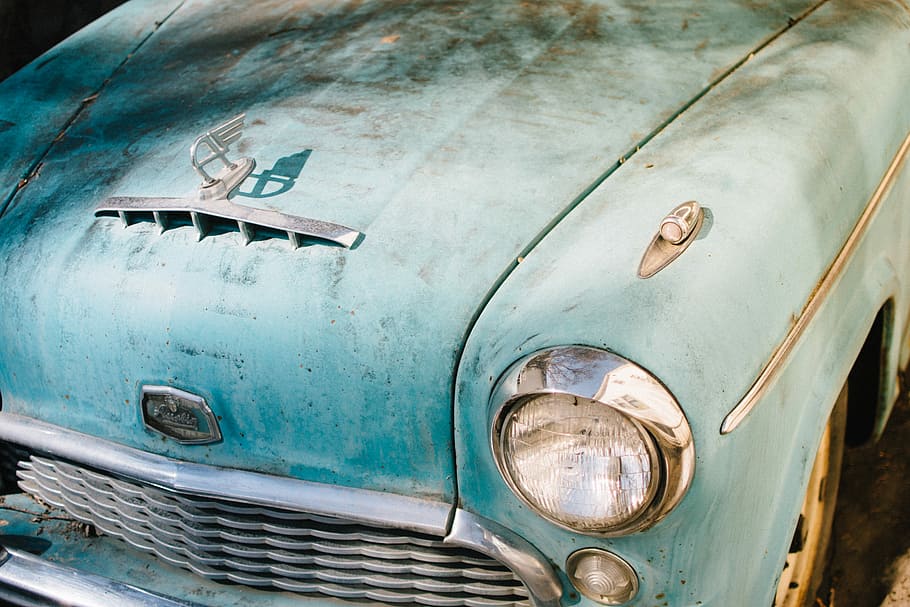 teal car, classic blue vehicle, rusty car, vinatge car, abandoned car, HD wallpaper