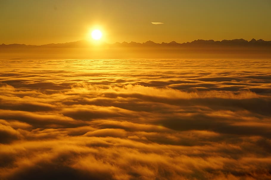 view of sunset, sunrise, selva marine, clouds, sea of fog, fog lights, HD wallpaper