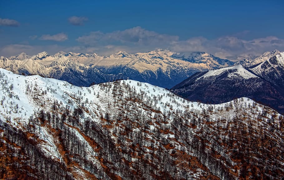 aerial photography of snow-covered mountain, high angle photography of mountain alps HD wallpaper