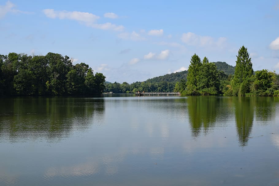fishing dock, fishermen, reflection, clinch river, tennessee