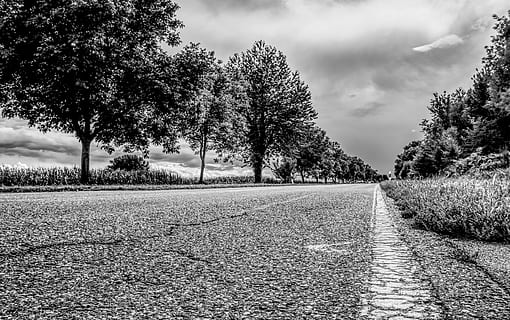 road, asphalt, landscape, trees, forest, roadway, tar, clouds HD wallpaper