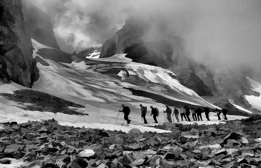 grayscale photography of group of men hiking up snowy mountain, HD wallpaper