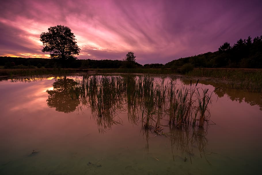 sunset, sky, dusk, reflection, abendstimmung, landscape, water HD wallpaper