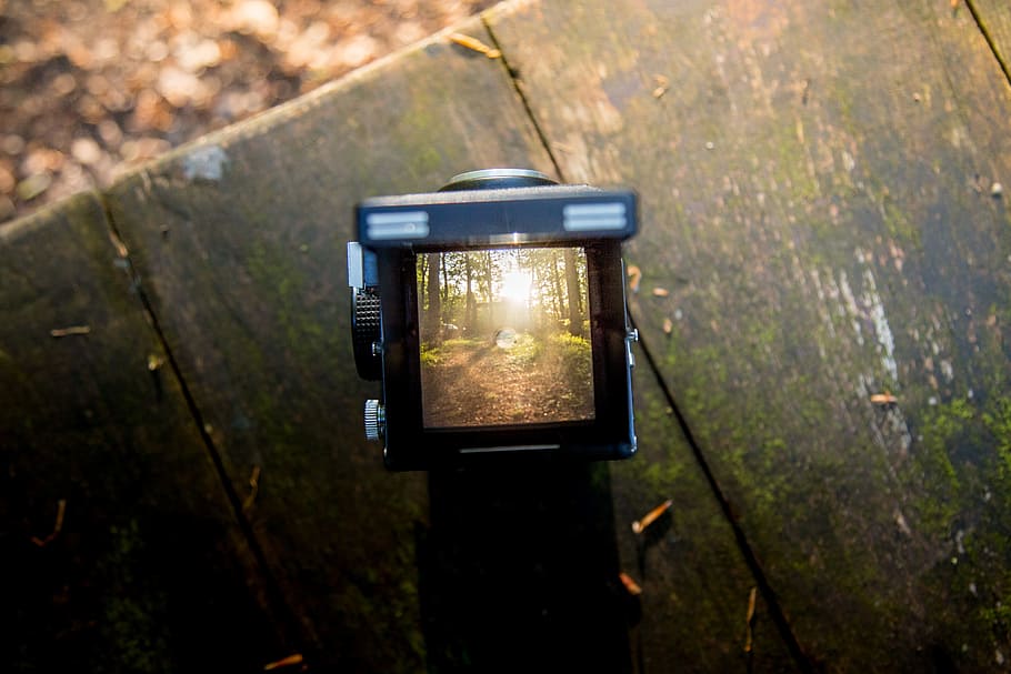 Black Camera on Brown Wooden Table, blur, close-up, daylight HD wallpaper