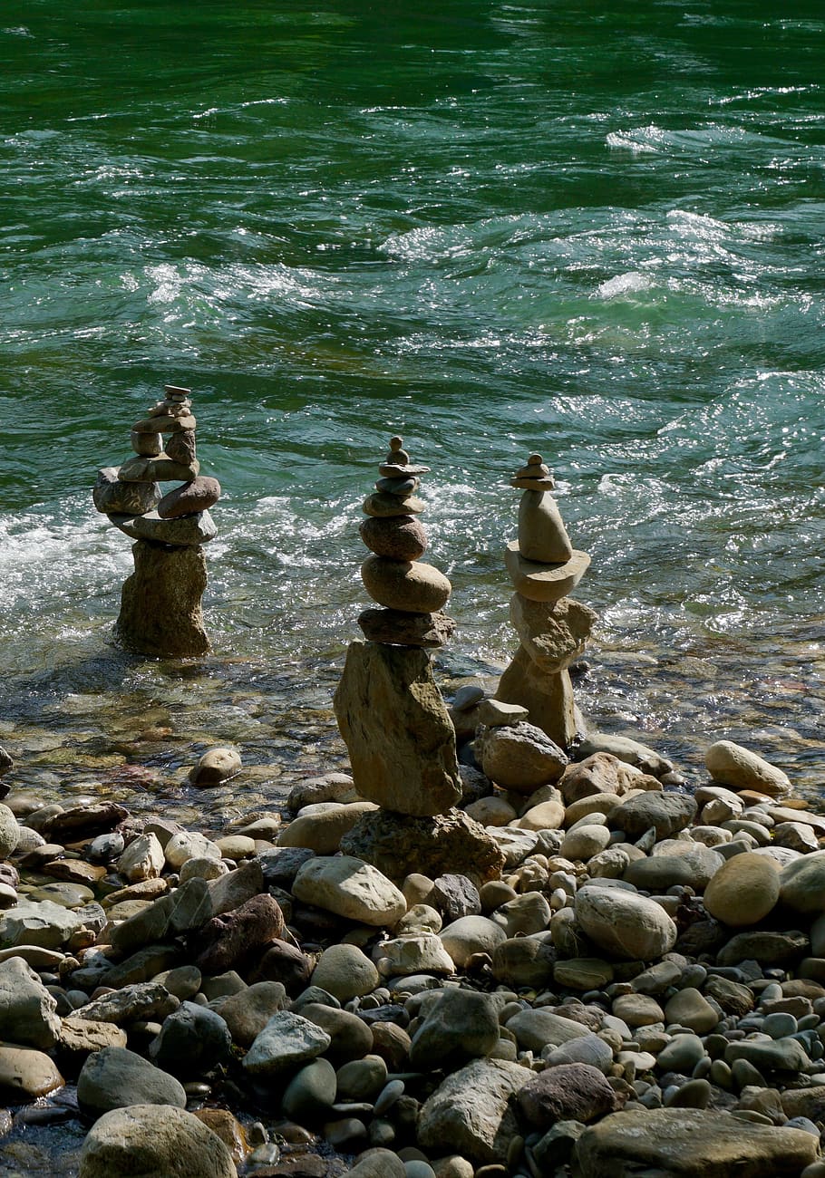 river, stones, cairn, water, rock, solid, rock - object, sea HD wallpaper