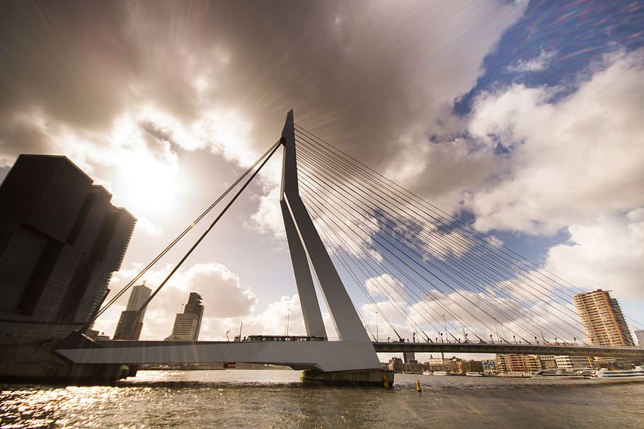 white suspension bridge under sky full of clouds, rotterdam HD wallpaper
