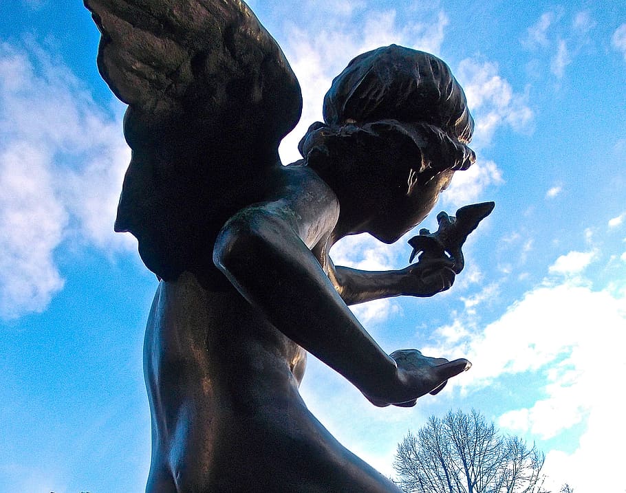 angel, wings, cherub, messenger, blue sky, mariatorget, stockholm, HD wallpaper
