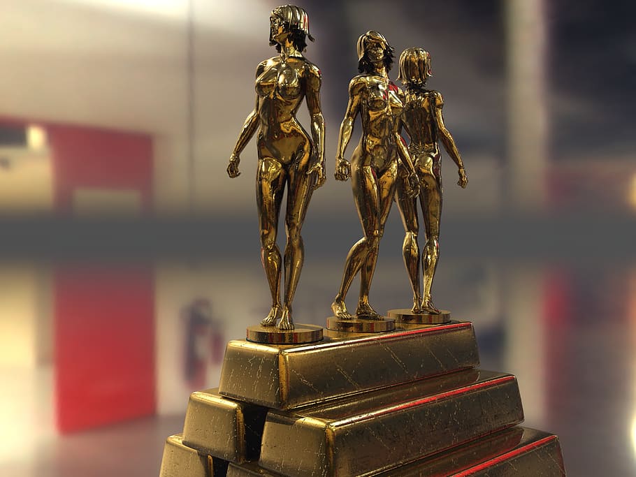 three girl figurine and gold bar close-up photo, statuettes HD wallpaper