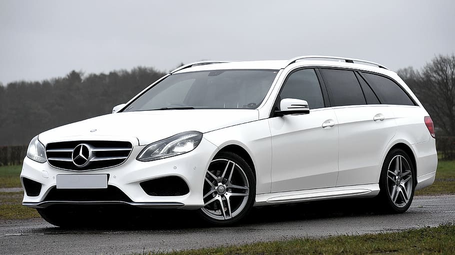 white Mercedes-Benz station wagon vehicle parked ahead, car, transport, HD wallpaper