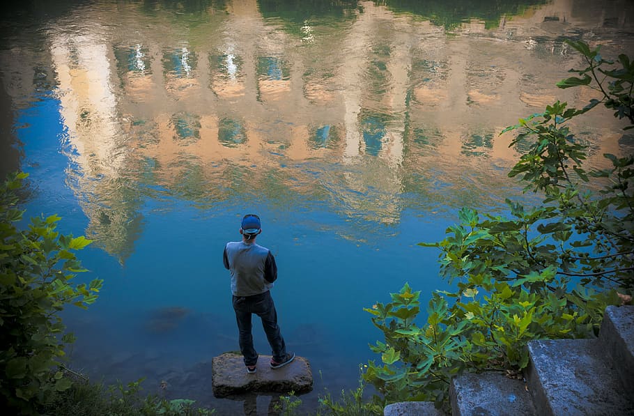 river, fishing, reflections, water, tiber, rome, one person HD wallpaper