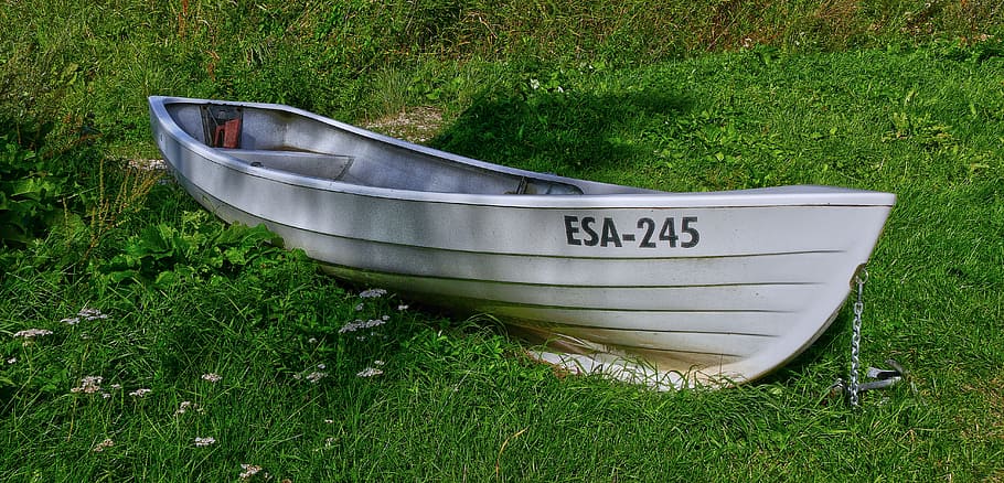 boot, berth, meadow, grass, nature, summer, coast, baltic sea HD wallpaper
