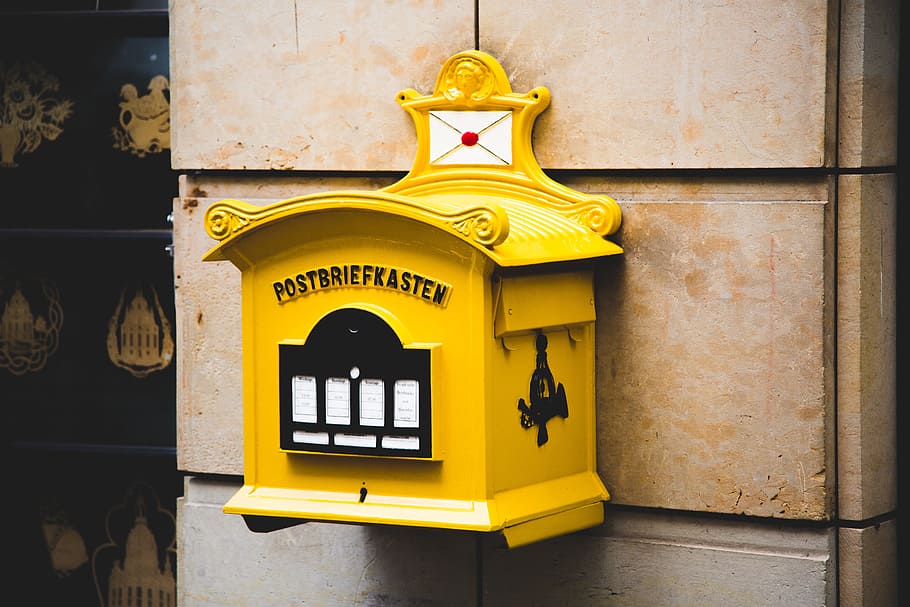 yellow Postbriefkasten mailbox on wall, cement, vintage, architecture HD wallpaper