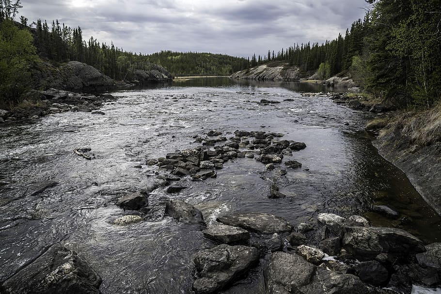 Landscape and Scenery of the Cameron River under clouds and forest HD wallpaper