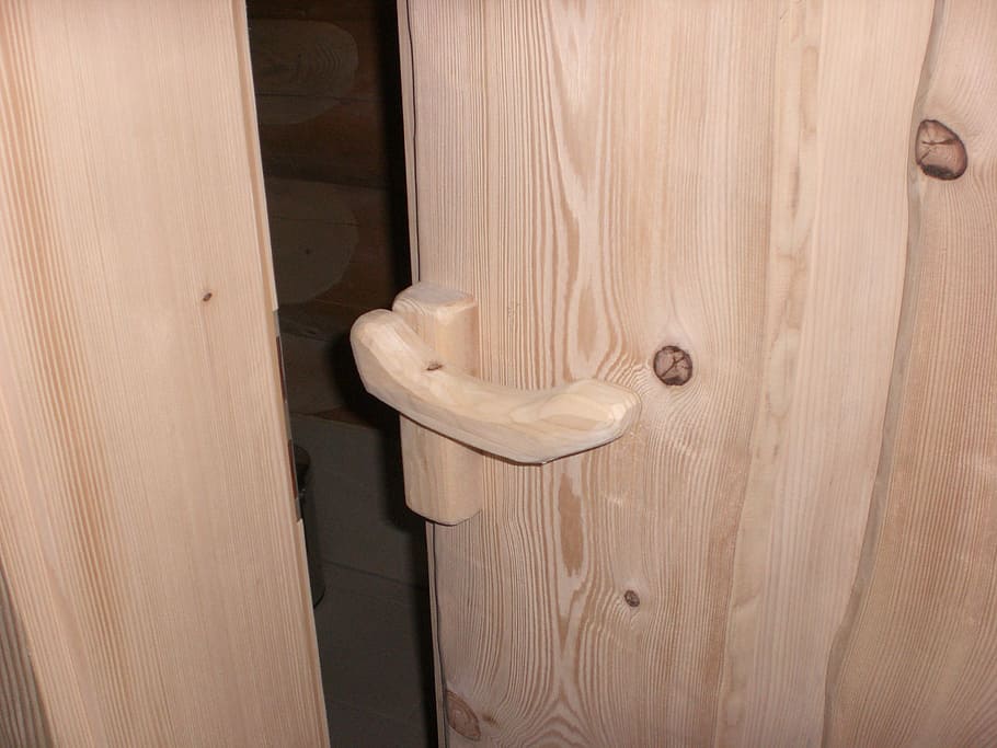 natural root, sauna, block house, wood, door, handle, input, HD wallpaper