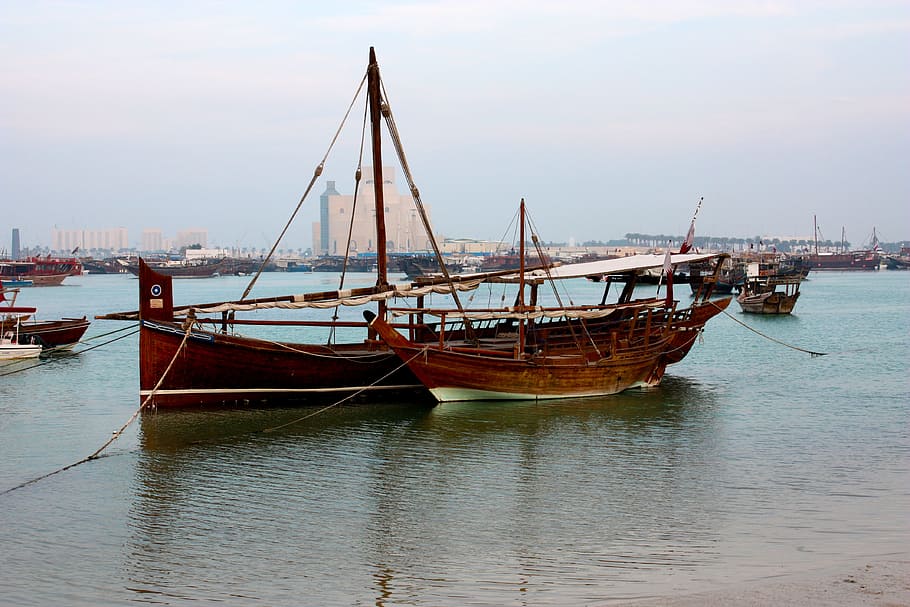 dhow, doha, qatar, boat, travel, water, transportation, nautical vessel