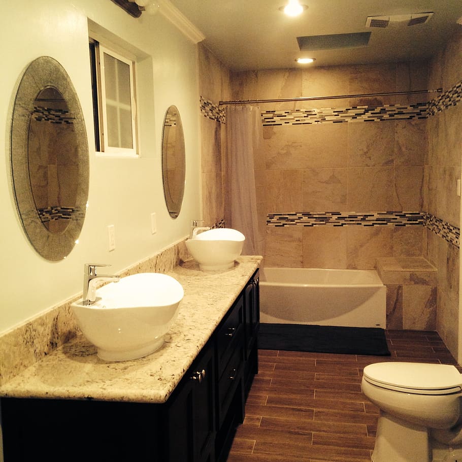two white vessel sinks on bathroom near white flush toilet, tiles, HD wallpaper