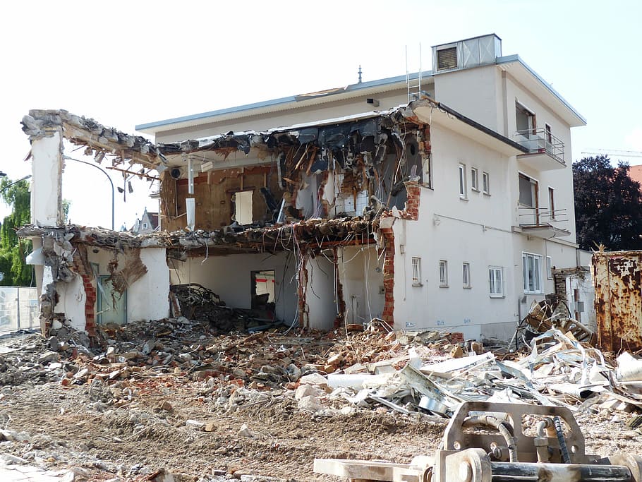 wrecked white concrete 3-storey building at daytime, demolition, HD wallpaper