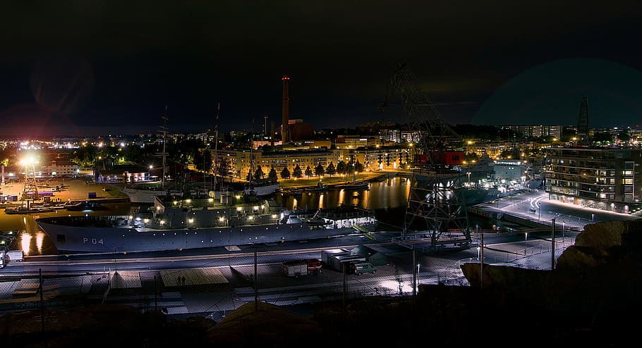 river, warship, military exercise, turku, night, city, finland swan, HD wallpaper