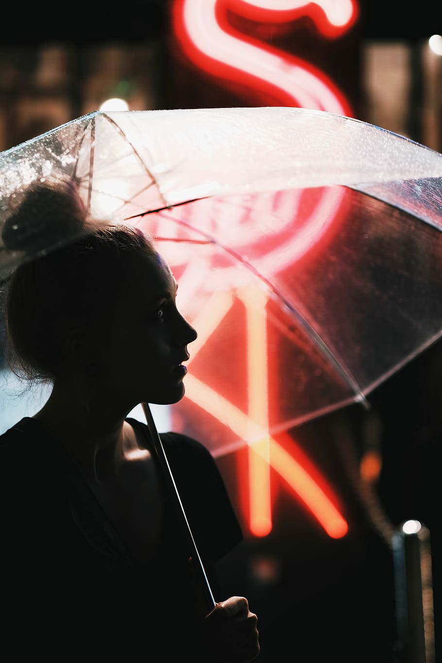 Japan 2017, woman under clear plastic umbrella, night, transparent umbrella