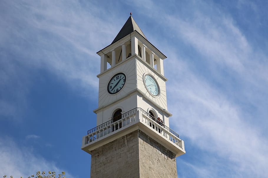 clock tower, time, tirana, architecture, sky, blue, tourism HD wallpaper