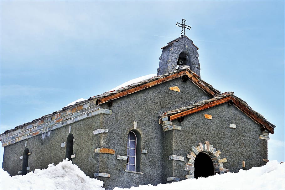 gray concrete church under blue sky, winter, architecture, snow HD wallpaper