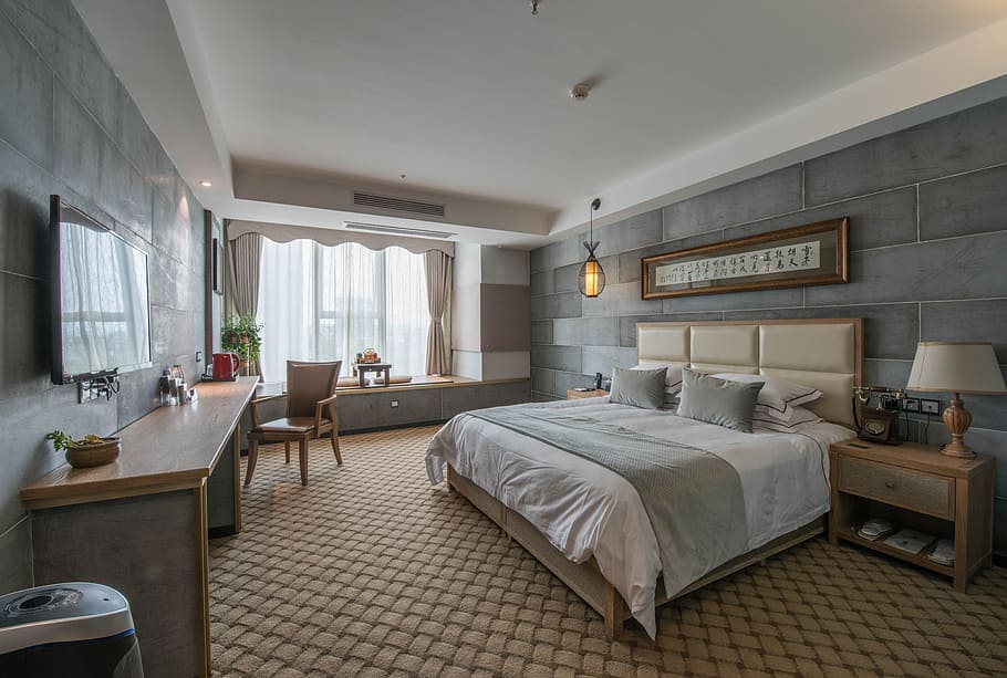 Hotel, Bed, Desk, bedroom, indoors, home interior, luxury, wealth HD wallpaper
