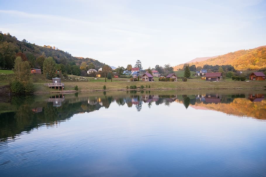 cantal, lake, reflection, fall, pond, mountain, landscape, mirror HD wallpaper