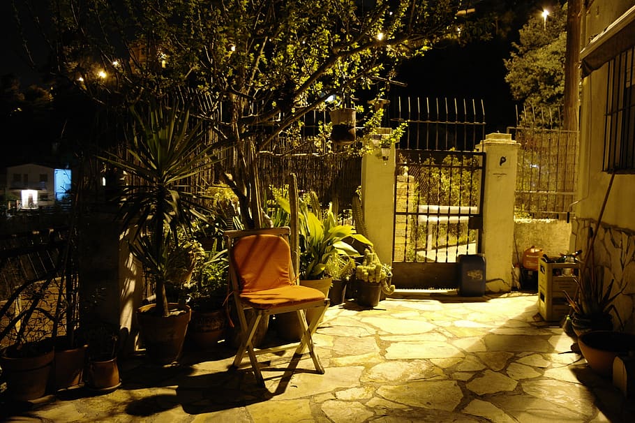 night, patio, chair, plants, summer, garden, house, seat, tree, HD wallpaper