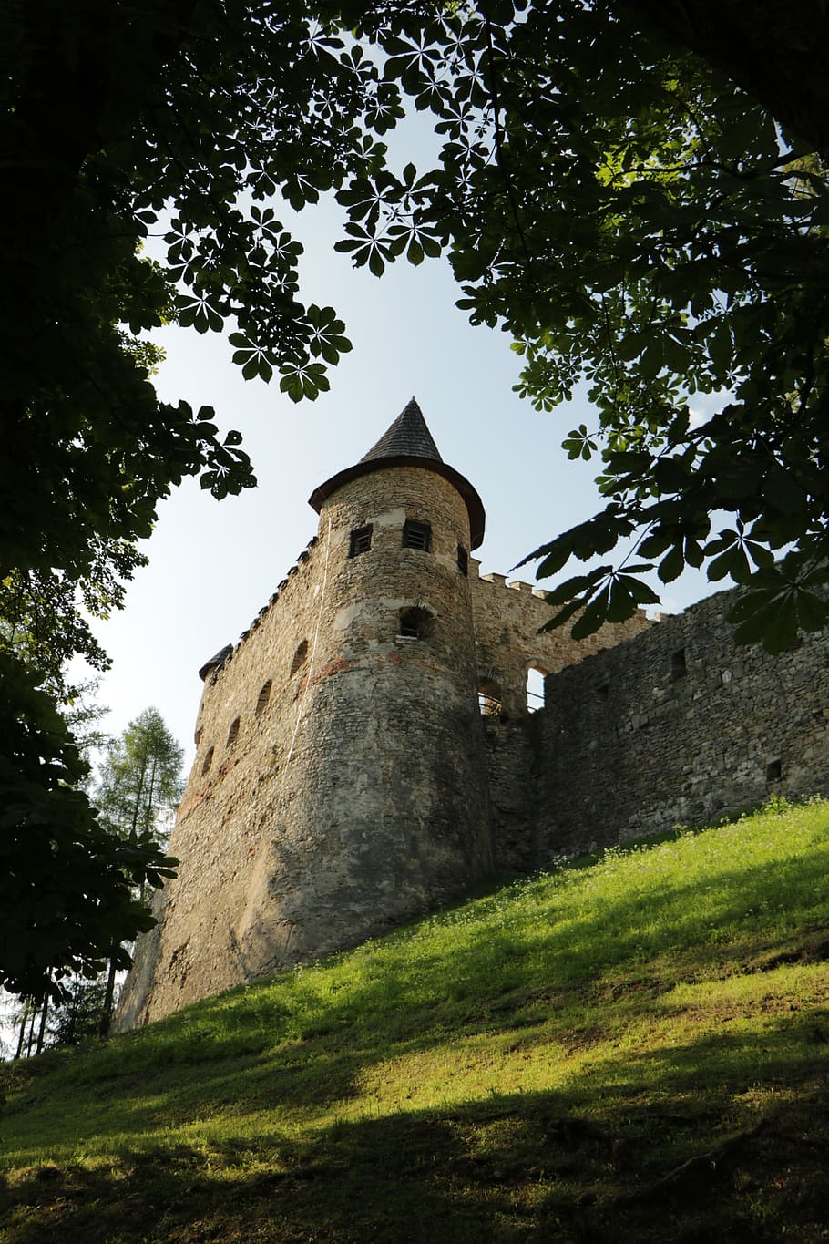 worm's eye view of brick fort, castle, framing, green, old HD wallpaper