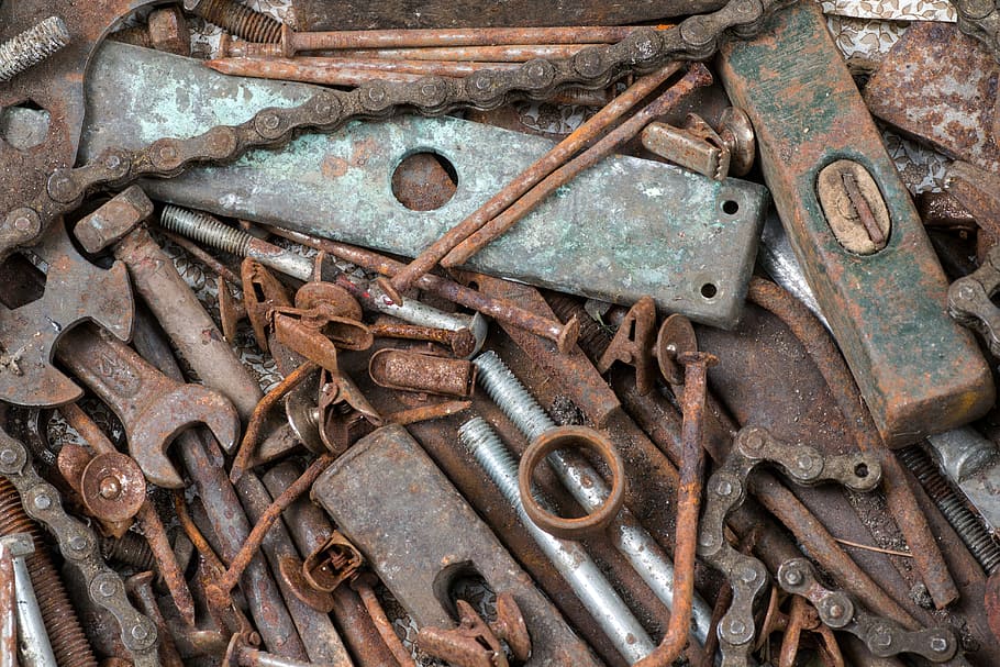 gray steel engine chain, old tool, stainless, nail, screw, metal HD wallpaper