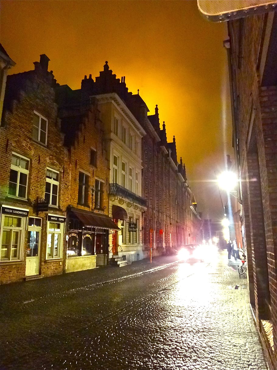 bruges, night, light, homes, at night, night image, yellow HD wallpaper