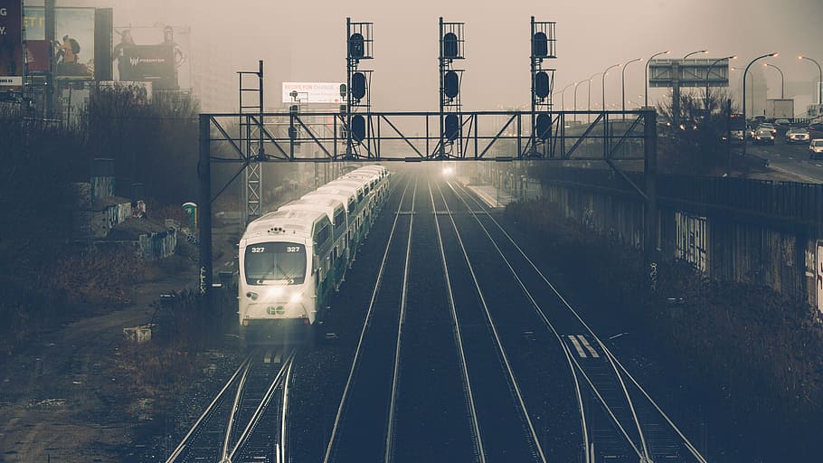 white train traveling in black railroad, railway, track, transportation HD wallpaper