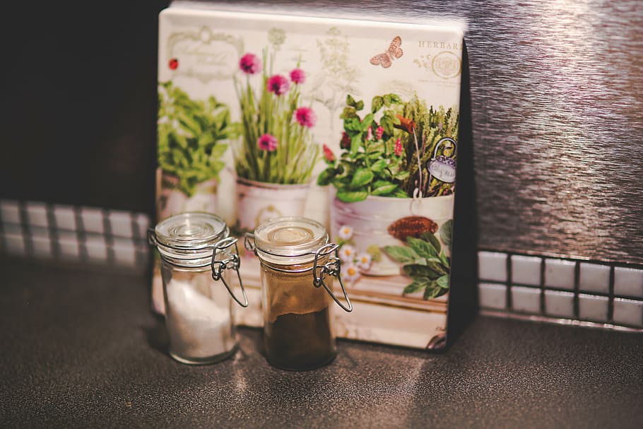 salt, pepper, spices, kitchen, table, food, container, plant HD wallpaper