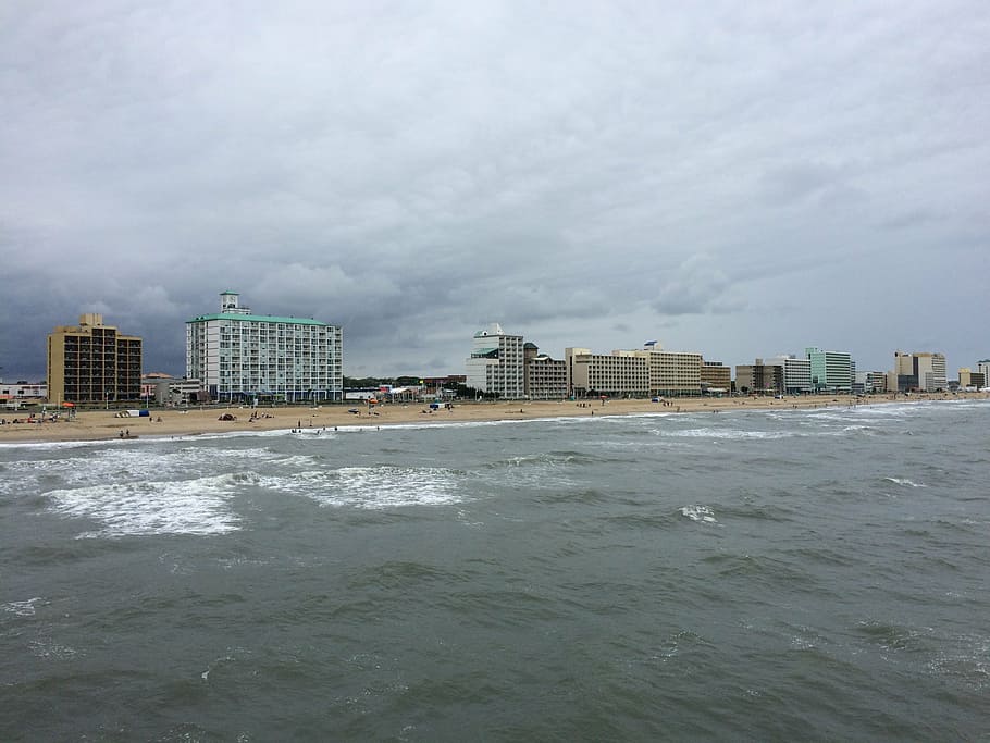 ocean, clouds, water, sky clouds, seaside, town, hotels, beach HD wallpaper
