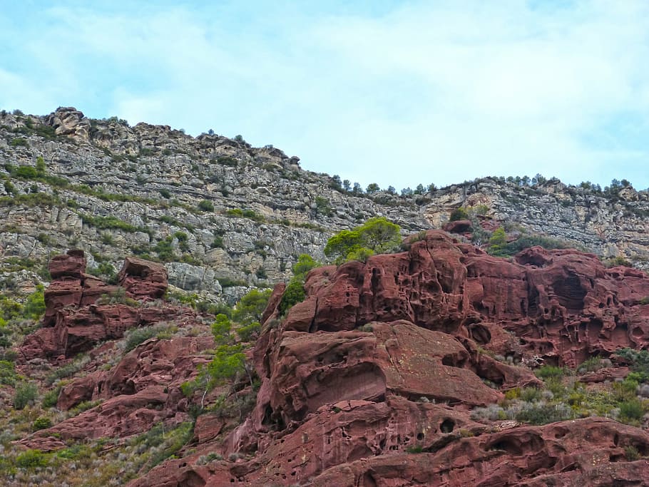 rock, red sandstone, montsant, priorat, red rocks, erosion texture HD wallpaper