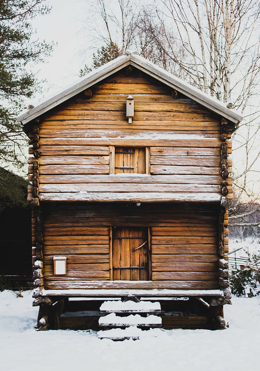 brown wooden house on snow covered field, winter, white, cold HD wallpaper