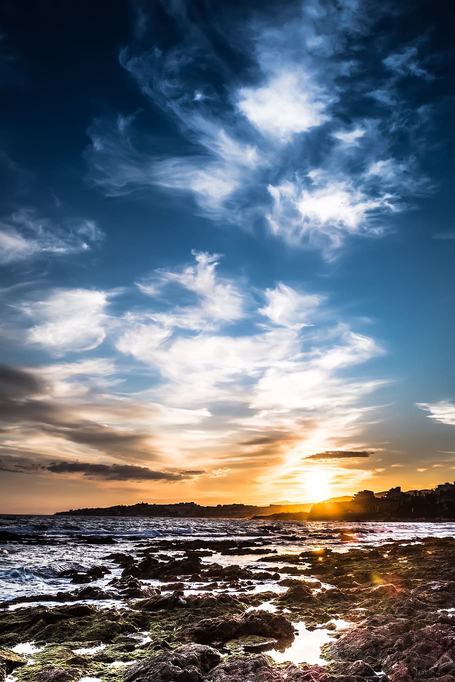 sunset, beach, costa, blue, sky, orange, waves, clouds, mijas HD wallpaper