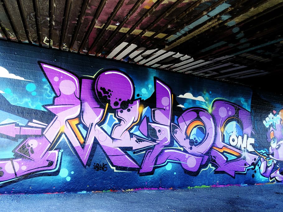 graffiti, purple, blue, creativity, wall, art, drawing, facade, HD wallpaper