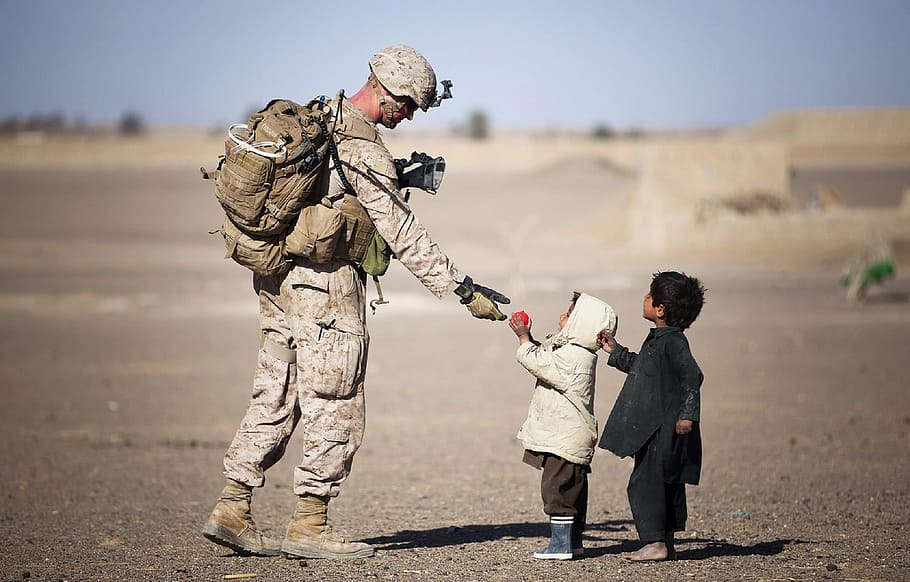 Soldier giving kids apple, photos, infantry, kind, public domain