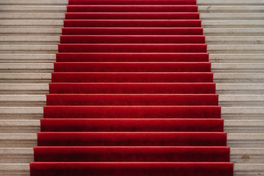 white concrete stair with red carpet, red carpet, steps, stairs