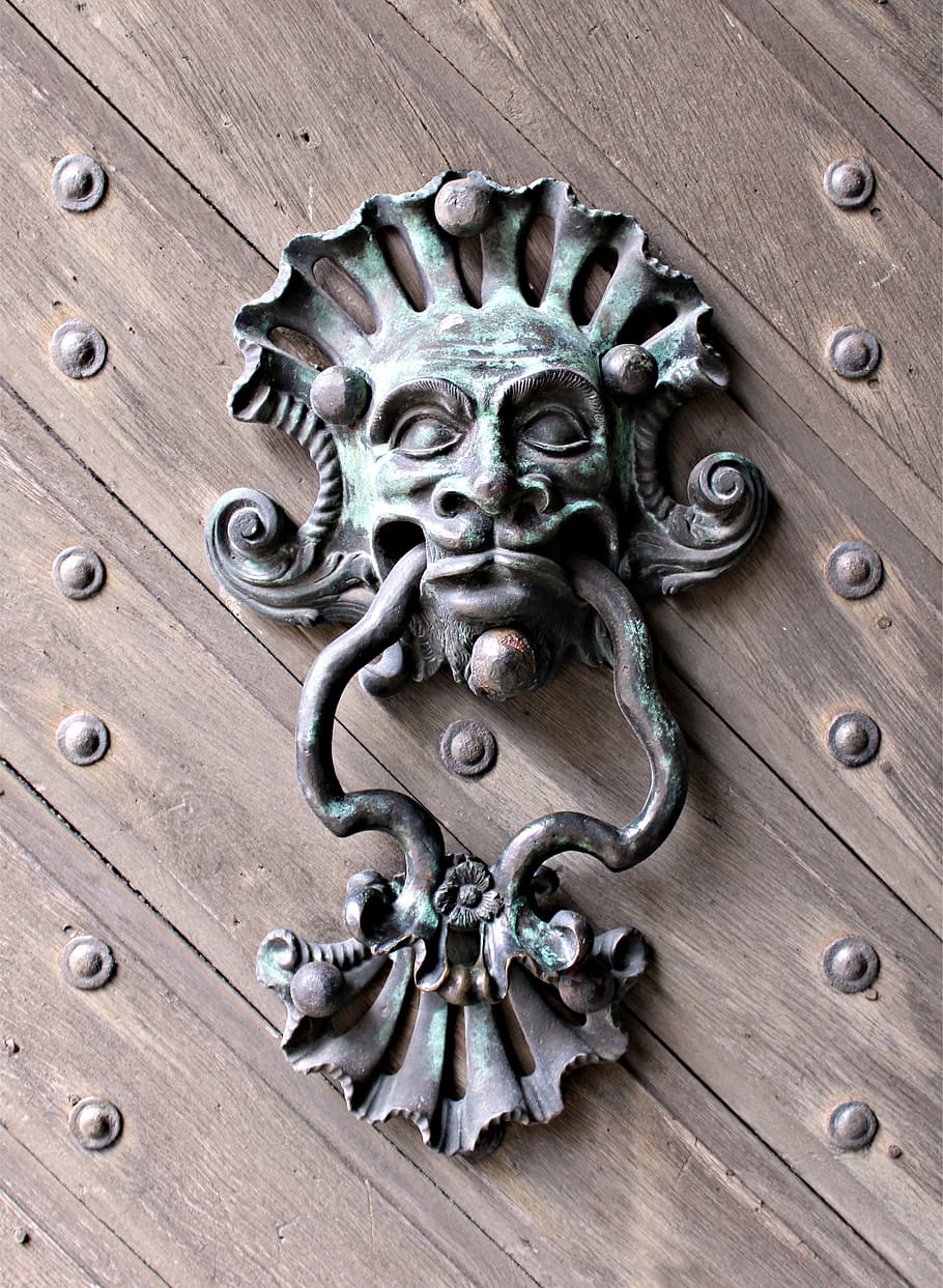 grey and brown metal door knocker, doorknocker, bronze, middle ages, HD wallpaper
