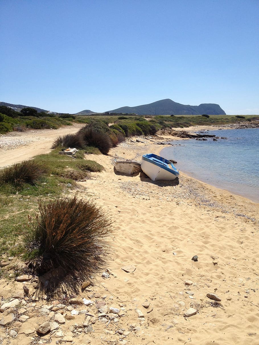 Beach, Greece, Boat, sand, mountain, sea, outdoors, day, sky HD wallpaper