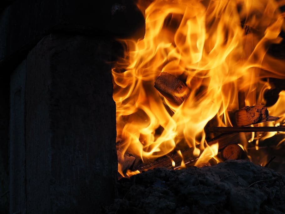 fire, flame, wood, hot, burning, ash, brick fire place, heat - temperature HD wallpaper