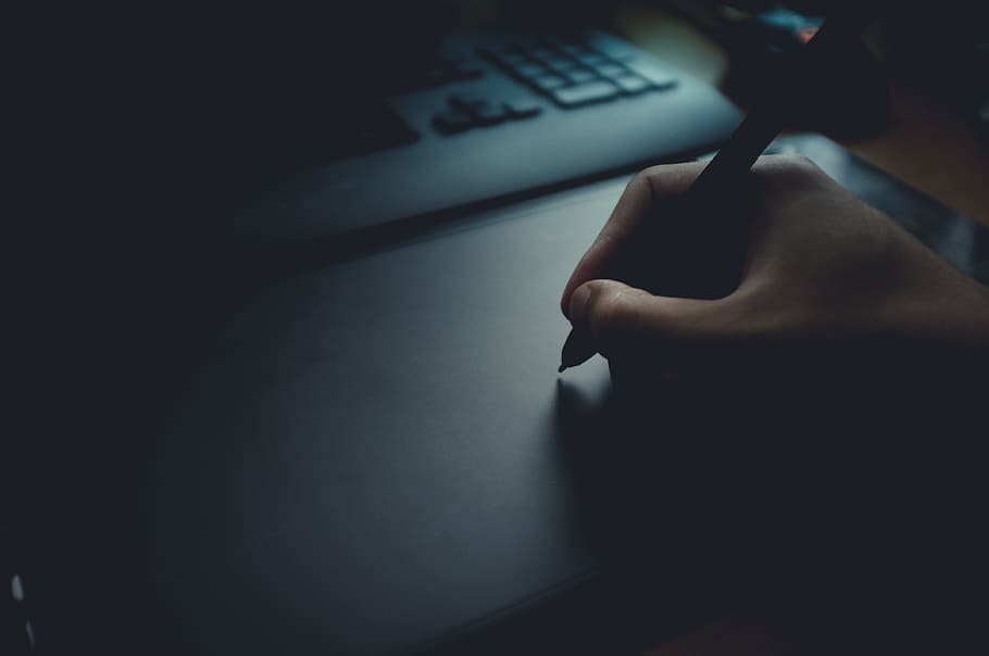 person holding black pen, writing, hand, dark, office, laptop HD wallpaper