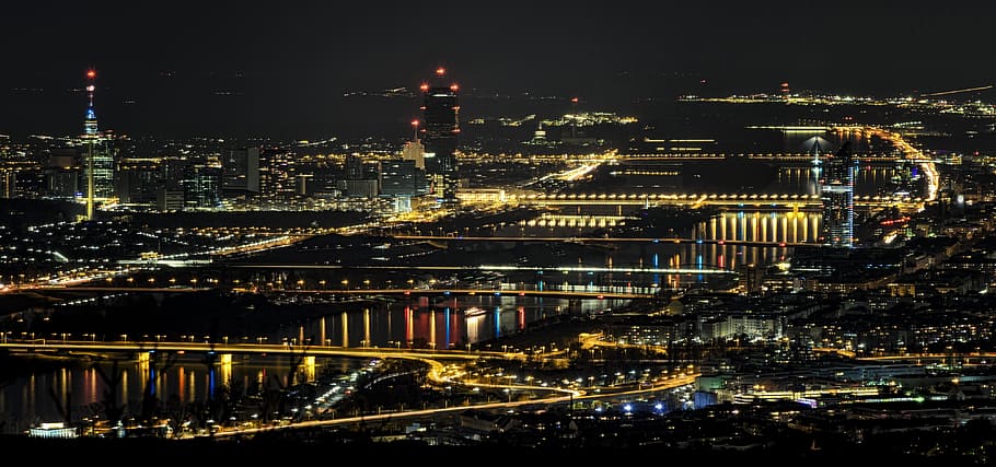aerial photograph of cityscapes, danube, vienna, austria, river HD wallpaper