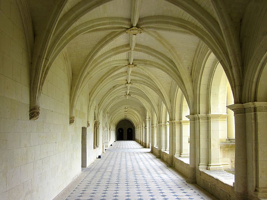 fontevraud abbey, cloister, france, monastery, chinon, romanesque, HD wallpaper