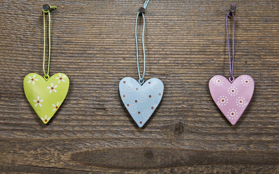 three assorted-color heart pendant necklaces, decoration, love, HD wallpaper